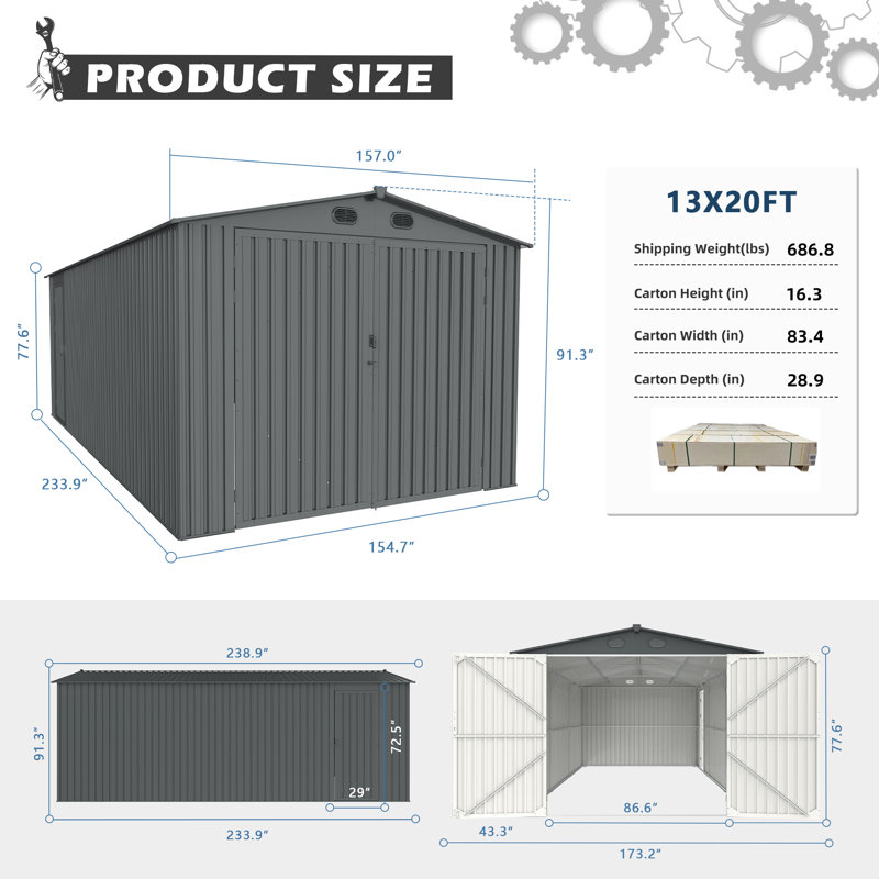 Chery Industrial 13 ft. W X 20 ft. D Metal Storage Shed Garage